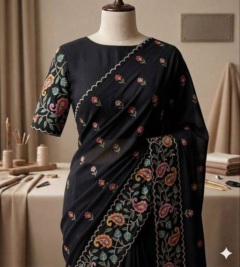 Black georgette embroidered saree with thread work