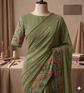 Olive georgette embroidered saree with thread work 1