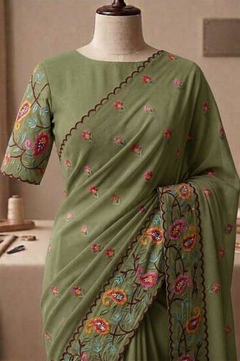 Olive georgette embroidered saree with thread work