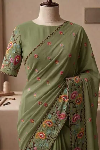 Olive georgette embroidered saree with thread work