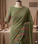 Olive georgette embroidered saree with thread work