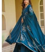 Teal blue embroidery brocade full stitched anarkali suit