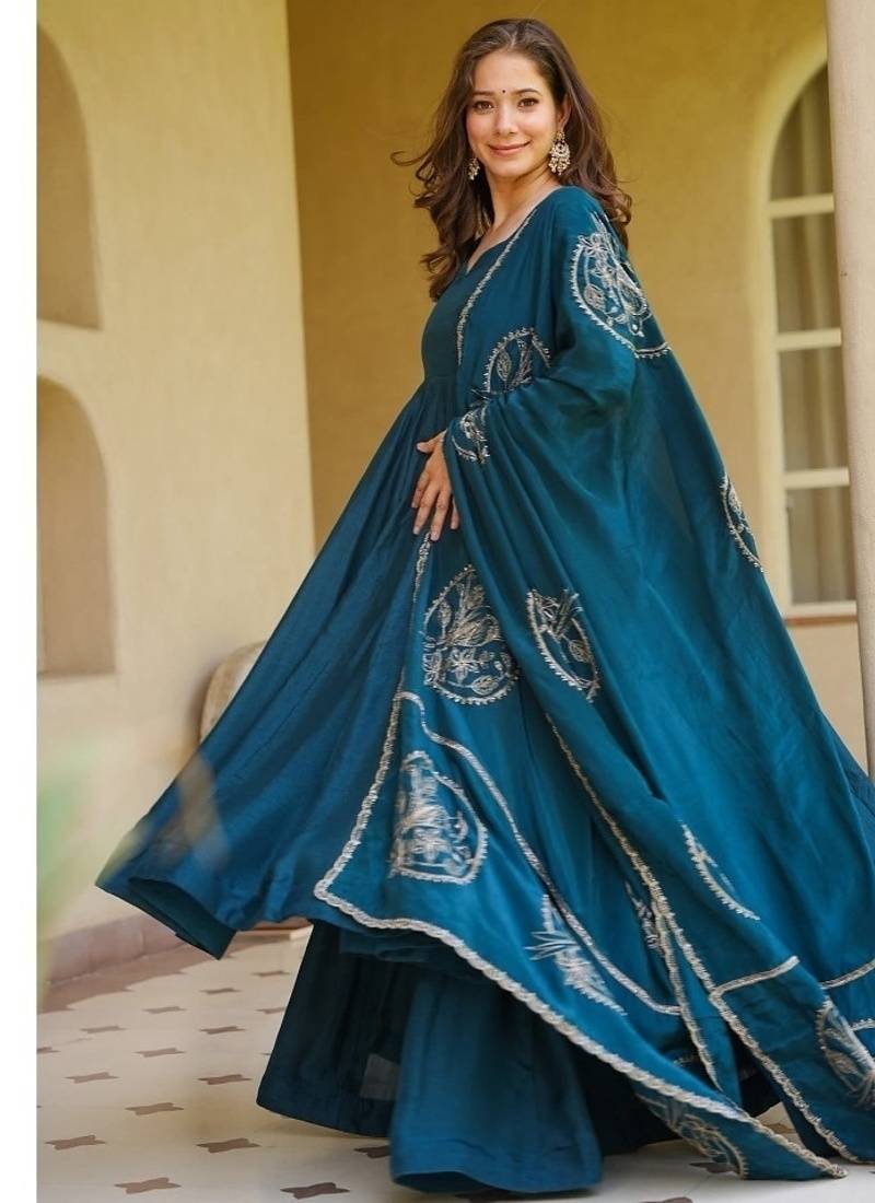 Teal blue embroidery brocade full stitched anarkali suit