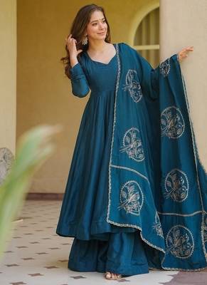 Teal blue embroidery brocade full stitched anarkali suit 2