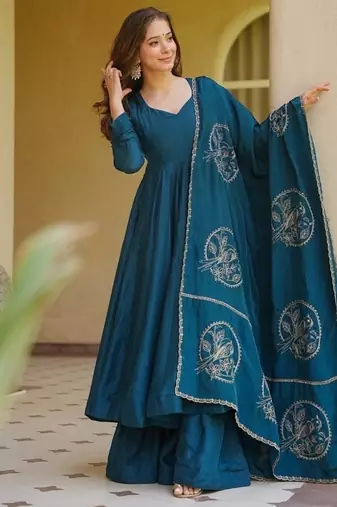 Teal blue embroidery brocade full stitched anarkali suit