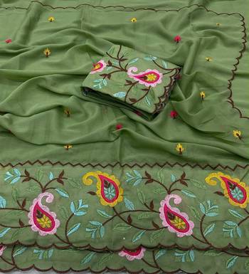 Olive georgette embroidered saree with thread work 2