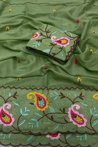 Olive georgette embroidered saree with thread work