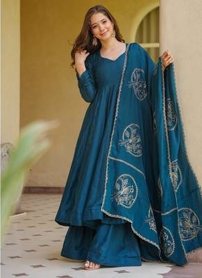 Teal blue embroidery brocade full stitched anarkali suit 3