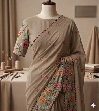 Beige georgette embroidered saree with thread work 1