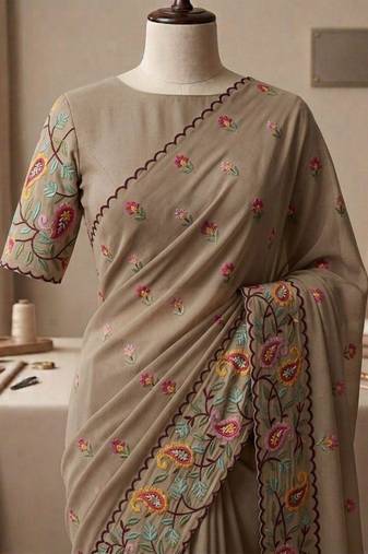 Beige georgette embroidered saree with thread work
