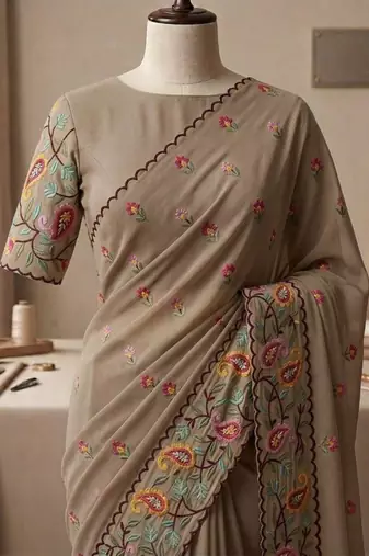 Beige georgette embroidered saree with thread work