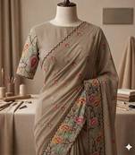 Beige georgette embroidered saree with thread work