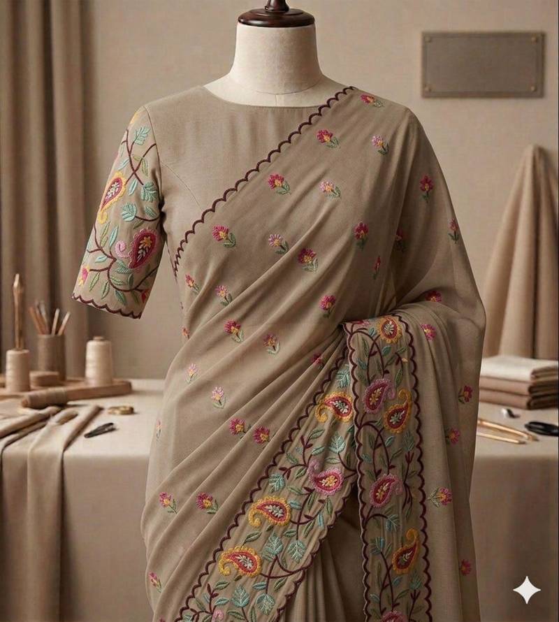Beige georgette embroidered saree with thread work