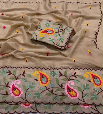 Beige georgette embroidered saree with thread work 2