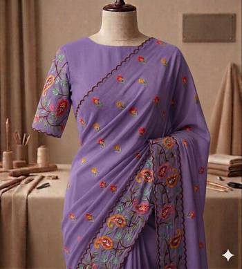 Purple georgette embroidered saree with thread work 1