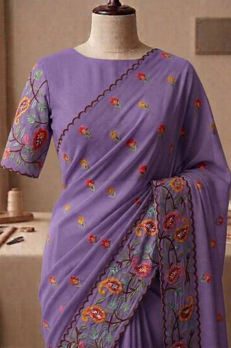 Purple georgette embroidered saree with thread work