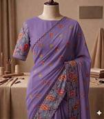 Purple georgette embroidered saree with thread work