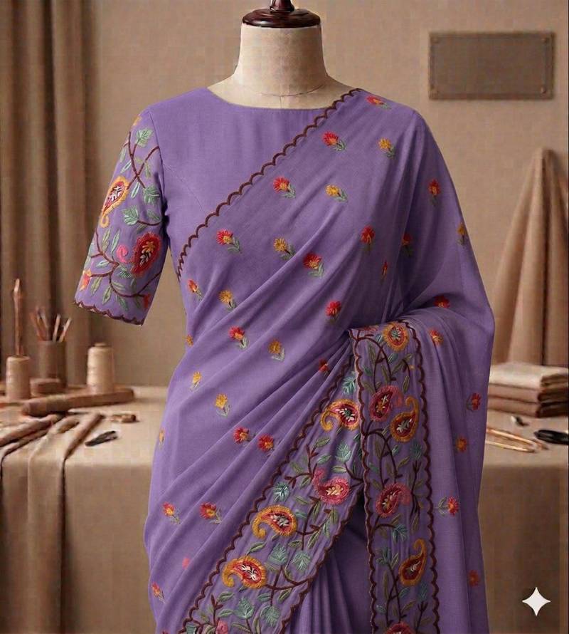 Purple georgette embroidered saree with thread work