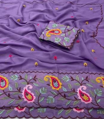 Purple georgette embroidered saree with thread work 2