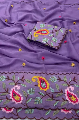 Purple georgette embroidered saree with thread work