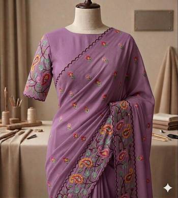 Lavender georgette embroidered saree with thread work 1