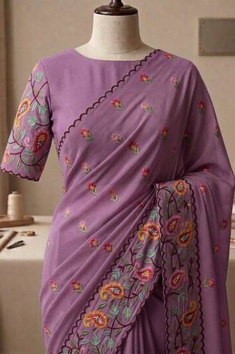 Lavender georgette embroidered saree with thread work