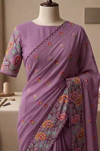 Lavender georgette embroidered saree with thread work