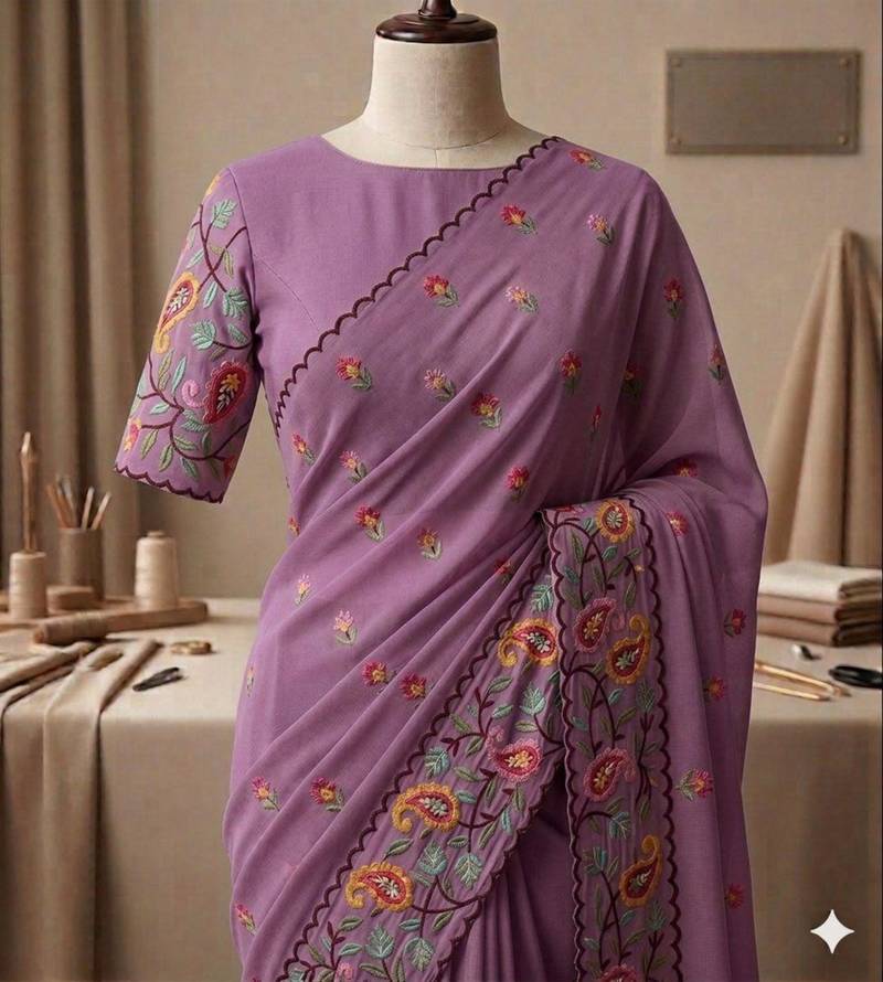 Lavender georgette embroidered saree with thread work