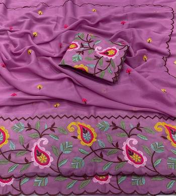 Lavender georgette embroidered saree with thread work 2