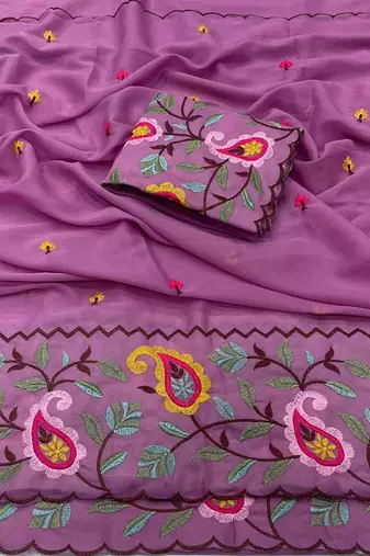 Lavender georgette embroidered saree with thread work