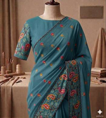 Teal georgette embroidered saree with thread work 1