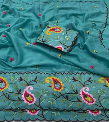 Teal georgette embroidered saree with thread work 2