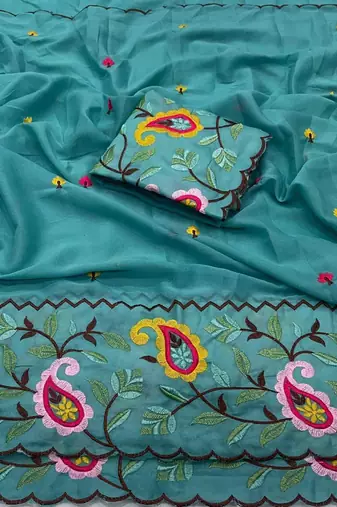 Teal georgette embroidered saree with thread work