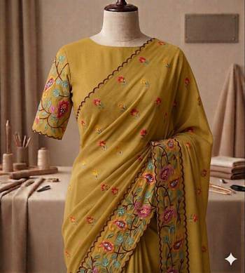 Mustard georgette embroidered saree with thread work 1
