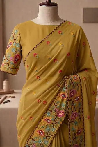 Mustard georgette embroidered saree with thread work