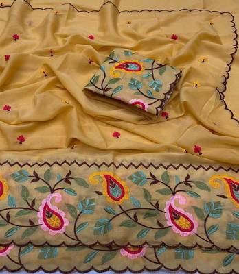 Mustard georgette embroidered saree with thread work 2