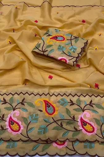 Mustard georgette embroidered saree with thread work