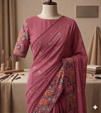 Mauve georgette embroidered saree with thread work 1
