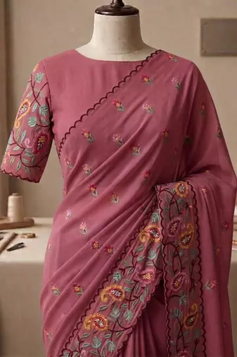 Mauve georgette embroidered saree with thread work