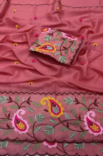 Mauve georgette embroidered saree with thread work