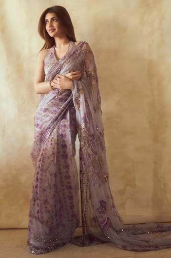 Lavender silk blend embroidered saree with sequins work