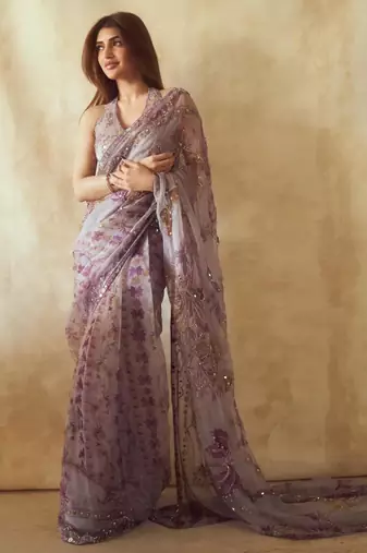 Lavender silk blend embroidered saree with sequins work