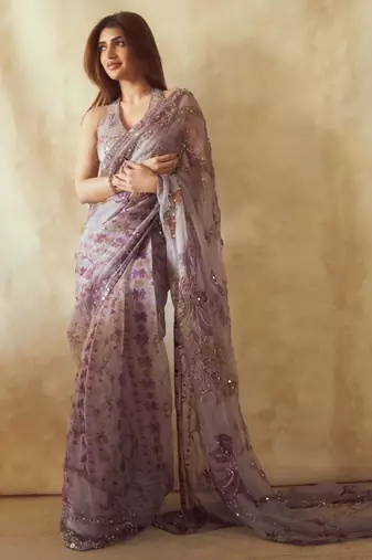 Lavender silk blend embroidered saree with sequins work