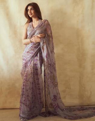Lavender silk blend embroidered saree with sequins work 3