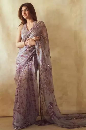 Lavender silk blend embroidered saree with sequins work