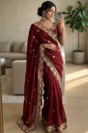 Maroon satin embroidered saree with sequins work