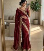 Maroon satin embroidered saree with sequins work