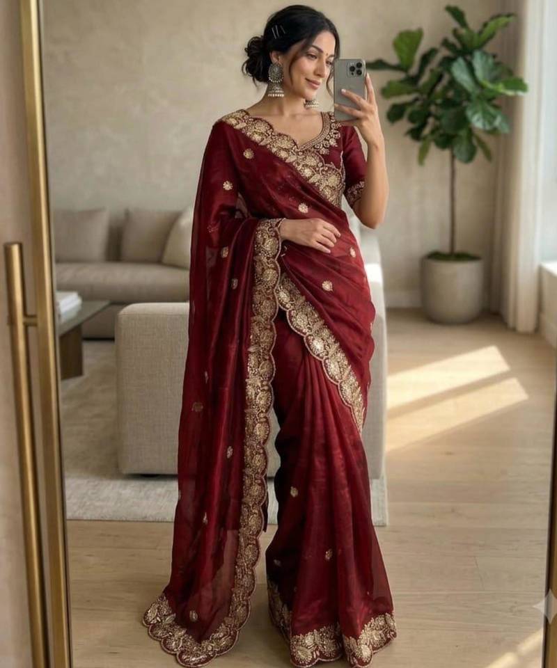 Maroon satin embroidered saree with sequins work