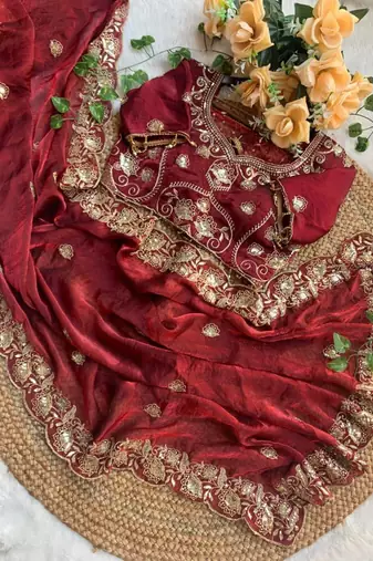Maroon satin embroidered saree with sequins work