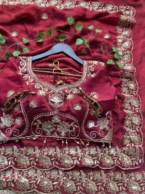 Maroon satin embroidered saree with sequins work 3
